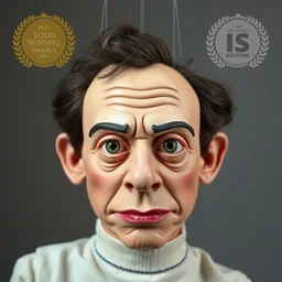 award winning photo of hand made puppet of todd solondz, clear todd solondz face, symmetrical face, beautiful eyes, studio lighting, wide shot art by sally mann & arnold newman