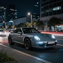 photo of a porsche 911 at night in a city, cinematic, 4k, panavision, long exposure photography