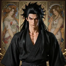 mazoku martial artist, handsome japanese demon boy, young adult yokai with long wild spiky black hair, vantablack gi, muscular, red eyes, ultra realistic, intricate details, highly detailed, subsurface scattering, photorealistic, octane render, 8 k, art by artgerm, greg rutkowski, charlie bowater, magali villeneuve, alphonse mucha