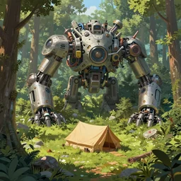 an intricate concept art, illustration, fantasy micro - world of a camp tent in the woods, no people, large mechanical biomes, ultra photorealistic, ultra sharp, pinterest, artstation, cgsociety, pinterest, digital art, anime colors, style by wlop, hyperrealistic, octane render, 8 k