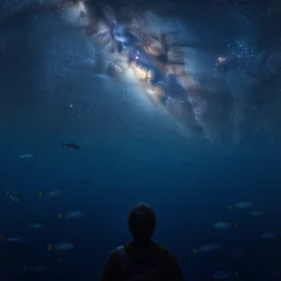 point of view of deep in the ocean looking up, you see fishes, higher up you see the milk way, night time. highly detailed painting by gaston bussiere, greg rutkowski 8 k