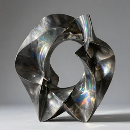metal sculpture geometric twisting forms and iridescent glass elements with sunlight rainbow reflections style of ivan black, jack storms _ yunchul kim _ anthony howe
