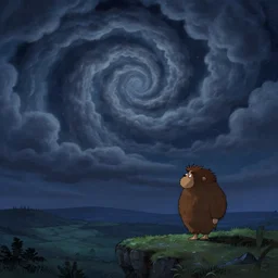cartoon concept art, calm night nightscape, spiral clouds, from lorax movie