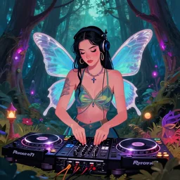 a fairy dj playing turntables in a rave party at a magical forest, pop digital art style