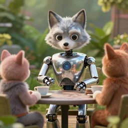 film still from the movie chappie of the robot chappie shiny metal outdoor park plants garden scene bokeh depth of field several figures sitting down at a table having a tea party furry anthro anthropomorphic stylized cat ears wolf muzzle head android service droid robot machine fursona