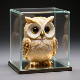 an owl shaped like a cube inside a glass box, hyperrealism photography