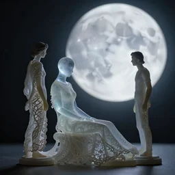 figurines looking at the full moon, transparent soul leaving the body, dramatic cinematic lighting, filigree, lace, art by loish, dave mckean