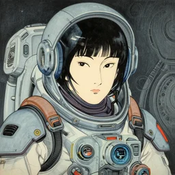 a beautiful ukiyoe painting of cyberpunk battle space pilot, lee jin - eun wearing space techwear, detailed symmetrical close up portrait, intricate complexity, concept art, by wlop, conrad roset, james jean, cinematic dramatic atmosphere, sharp focus