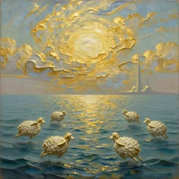 3d high relief painting of sea like glass,golden clouds like sheeps floating lightly in the air, bright silouette of angels gliding over the water, tall ancient tower in the distance, dreamy, soft , highly detailed,  expressive impressionist style,in the style of William Schneider