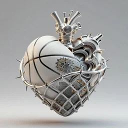 complex 3d render ultra detailed of a beautiful basketball in the shape of a sacred heart, with net around it like thorns, 150 mm, beautiful natural soft light, rim light, silver gold details, maze like, mesh wire, intricate details, hyperrealistic, ultra detailed, mandelbrot fractal, anatomical, white metal neocubism armor, elegant, octane render, H.R. Giger style, 8k