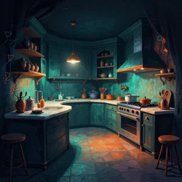 curved perspective digital art of a dark kitchen from Tim Burtons Nightmare Before Christmas by Petros Afshar, teal and orange