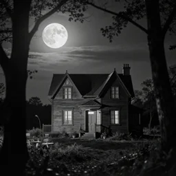 house in the wood, big moon, artwork by Rene Magritte, night, pinhole analogue photo quality, monochrome, blur, unfocus, cinematic, 35mm