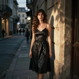 « une fille de joie, dans la rue le soir, lumiere eblouissant »