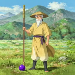 a chinese battle monk, wearing a faded yellow toga, a straw hat, holding a wooden long staff with a purple orb at the end of the stick that is perpendicular to the floor, long white beard, beautiful valley with a meadow and dozens of mountains, lots of shading, full body shot, drawn in the style of makoto shinkai