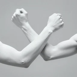 photorealistic, two interlocking human arms painted white, motion blur