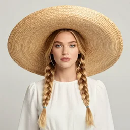 anya taylor - joy, annasophia robb, portrait, wearing huge straw hat, symmetrical, long braided blond hair, white dress, alphonse mucha