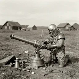 wide angle photo of viking wearing space suit helmet  and viking armor  working on the antigravity gun ancient device, tools and junk on the ground,wires and lights, old village in the distance, vintage old photo, black and white, sepia