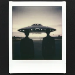 polaroid photograph of ufo taken, two dark, silhoutted aliens are in front of it, hanebau, 1 9 5 0 s, black and white, blurry
