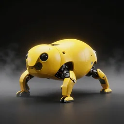 promotional image, boston dynamics spot, yellow, hd, 4 k, high resolution, octane renderer, real, ground mist, dark black backdrop, beauty shot, rimlight