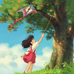 a wholesome animation key shot of a girl reaching to get his kite that is stucked up in a tree, point of view is the kite that is above the tree, studio ghibli, pixar and disney animation, sharp, rendered in unreal engine 5, anime key art by greg rutkowski, full bloom, vibrant lighting