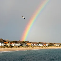 A rainbow on top of the sea, with houses on a beachside and seagulls flying -9