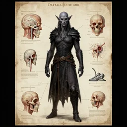 dissection poster of dark elf drow, scientific anatomy educational