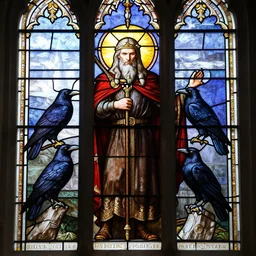 Stained-glassed church window depicting Odin with his two ravens