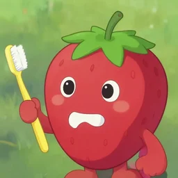 a cute strawberry character with two front teeth, holding a yellow toothbrush, in the style of glen keane