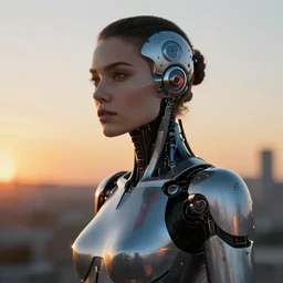 a shockingly beautiful cybernetic woman outside in the sunset, digital art, detail, photograph