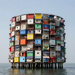 a circular tower, made up of colourful makeshift squatter shacks suspended over water, dystopia, sony a 7 r 3, f 1 1, fully frontal view, ultra detailed, photographed by zaha hadid,