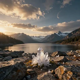 epic crystalline taiga with a lake, golden hour, rocky ground, distant mountains with top on snow, atmospheric perspective, altostratus clouds, planets, cinematic, 3 5 mm lens, photographic, octane render, cinematography by roger deakins, in the style of ansel adams