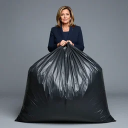 full body kyrsten sinema dressed up in a large black plastic garbage bag with drawstrings, ultrarealistic