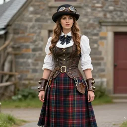 a photorealistic detailed mid shot of a beautiful scottish woman in cape breton tartan skirt in steampunk style