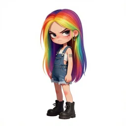 a cute grungy alternative woman with rainbow hair, drunk, angry, soft eyes and narrow chin, dainty figure, long hair straight down, torn overalls, short shorts, combat boots, basic white background, side boob, symmetrical, single person, style of by Jordan Grimmer and greg rutkowski, crisp lines and color,