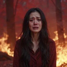 crying woman in burning red forest, realistic, texture high definition