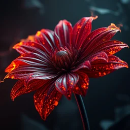 hyper realistic flower with fire texture on the petals, illustrated by greg rutkowski, beautiful volumetric lighting, intricate, ultra detailed, photorealistic, trending on artstation, octane render, 8 k