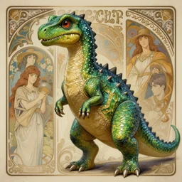 hyperdetailed portrait of a green anthropomorphic dinosaur. highly detailed portrait, digital painting, sharp focus illustration, artstation hq. intricate, elegant. wlop, greg rutkowski, alphonse mucha, medium shot. dan mumford andrei riabovitchev, marc simonetti, yoshitaka amano