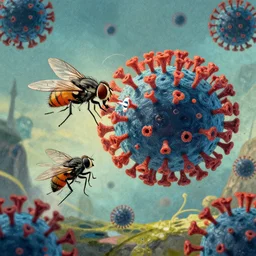 huge corona virus attacking a fly in a fantastic battle, in the style of finnian macmanus