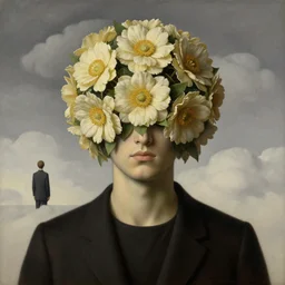 distant portrait of a faceless beautiful flowers as head, man in a suit in a distance, clouds in the background, by rene magritte, detailed painting, distance, centered, hd, hq, high resolution, high detail, 4 k, 8 k