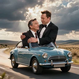 mr. bean carresing and embracing elon musk