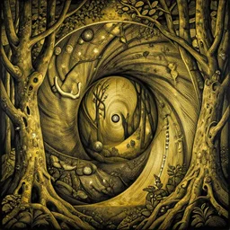 M. C. Escher time machine, lush forest painted by tom bagshaw, mobius, mucha M. C. Escher, gold paint, ink, gnarly details