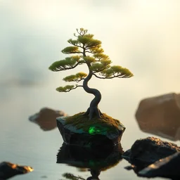 photo bonsai cedar on a small angular cnn precious stone emerald in the water, gold hour, soft lighting, light fog, medium full shot, volumetric lighting, beautiful, ultra detailed, cgsociety by leesha hannigan, thierry doizon, 3 5 mm, fujifilm, cinematic, realistic