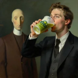 buzz osborne drinking a big cup of bass, painting by rene magritte and glenn fabry, rendering by beeple, cinematic lighting