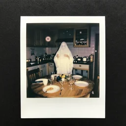 apparition, a 1 9 8 5 color polaroid of a seance at a kitchen table captures the image of a ghostly entity, paranormal evidence, aged photo, orbs, backscatter, authentic