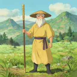 a chinese battle monk, wearing a faded yellow toga, a straw hat, holding a wooden long staff that is perpendicular to the floor, long white beard, digital art, full body shot, drawn in the style of dungeons and dragons, beautiful valley with a meadow and dozens of mountains drawn in the style of studio ghibli