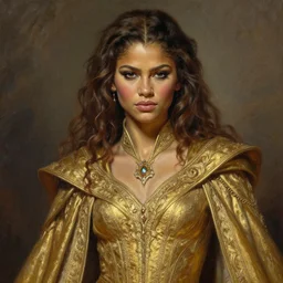 detailed portrait of Zendaya as a powerful dungeons and dragons wizard, wearing gilded robe, intricate, hyper detailed, realistic, oil painting, by jeff easley, boris vallejo, cinematic lighting