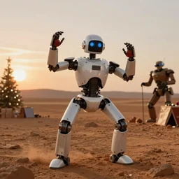 robot party on mars, sunset, christmas, action pose, photorealistic, high details, fun, award-winning photo, by albrecht durer