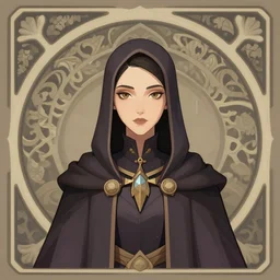 masterpiece symmetrical centered bust-view portrait, Maya Ali as D&D sorcerer, single head, Neo-Gothic, Art Nouveau style, cell shaded, wizard robe, fantasy, delicate, elegant, in the style of Greg Rutkowski and Moebius and Mohrbacher and ROSSDRAWS and Ross Tran and Alphonse Mucha and Ayami Kojima and Charlie Bowater and Jean Delville, tarot card style, cinematic specular lighting, rich bright colours