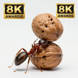 an ant carrying a walnut over its body, photography, macro shot, award winning, 8 k, high quality
