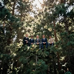 men in suits sitting in the top of pine trees in a forest